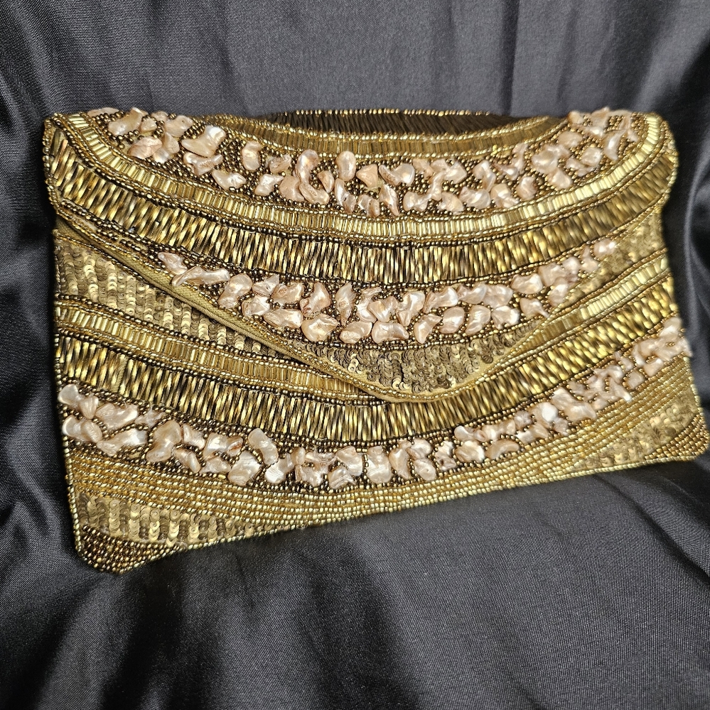 Sfera Femme Gold Beaded Clutch With Stone Accents - Picture 3 of 11